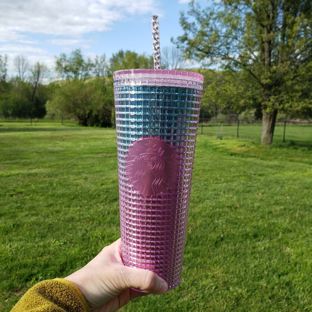 Starbucks 24oz Summer Tumbler Grid Ombre Fushia and Blue Iridescent